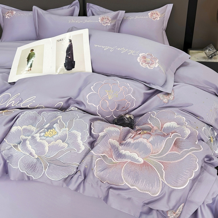 91家纺网 家纺一手货源 找家纺 女子家纺 2026新款A类新款新疆长绒棉澳棉高端全棉纯棉绣花四件套-花富贵 1香芋紫