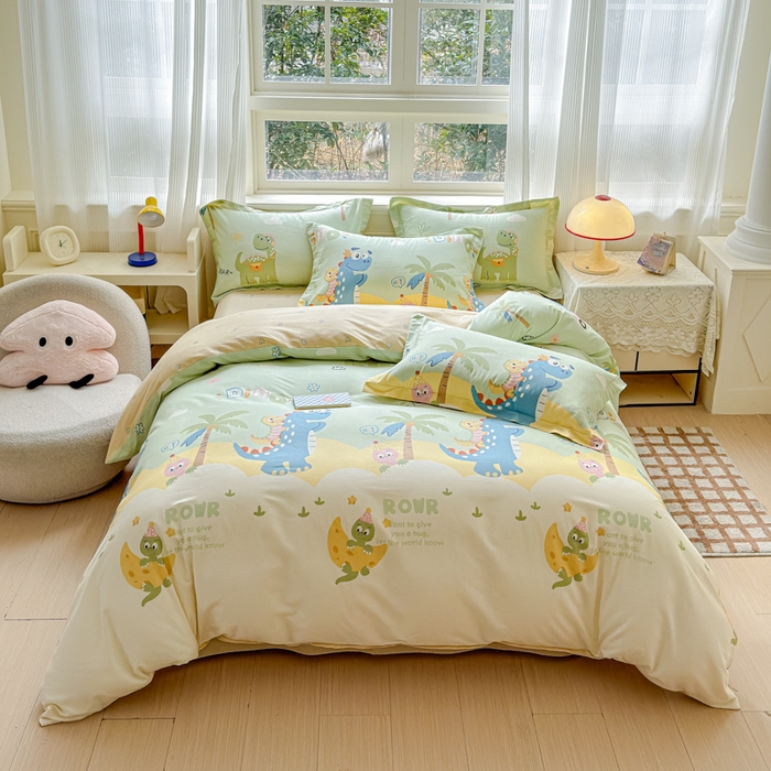 U品汇 2026新品纯棉全棉印花四件套小清新卡通花卉13070喷气 度假恐龙绿