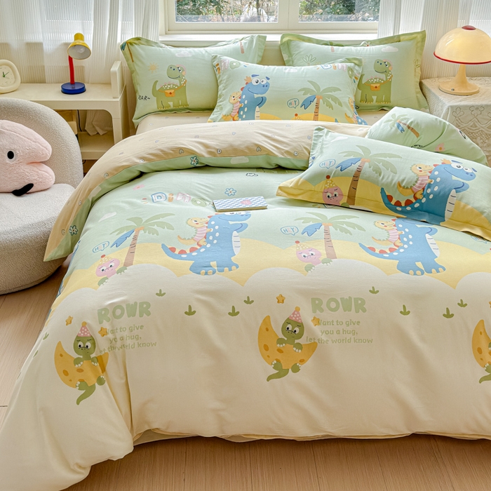 91家纺网 家纺一手货源 找家纺 U品汇 2026新品纯棉全棉印花四件套小清新卡通花卉13070喷气 度假恐龙绿