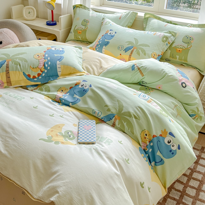 91家纺网 家纺一手货源 找家纺 U品汇 2026新品纯棉全棉印花四件套小清新卡通花卉13070喷气 度假恐龙绿