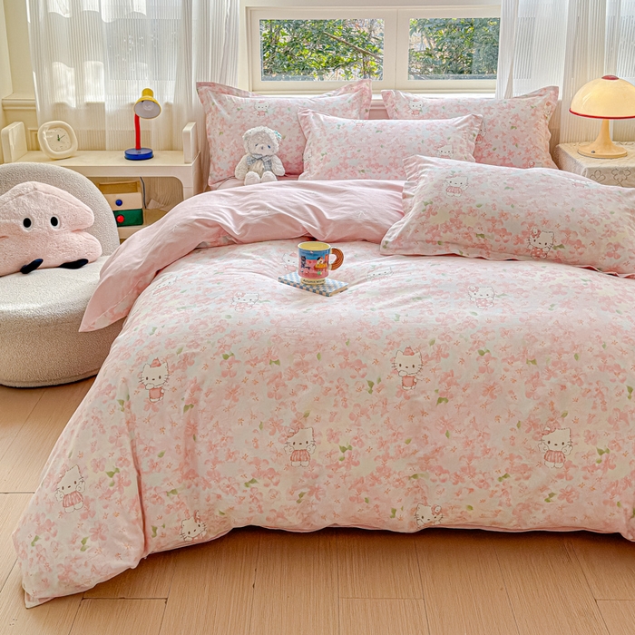 91家纺网 家纺一手货源 找家纺 U品汇 2026新品纯棉全棉印花四件套小清新卡通花卉13070喷气 粉樱喵喵