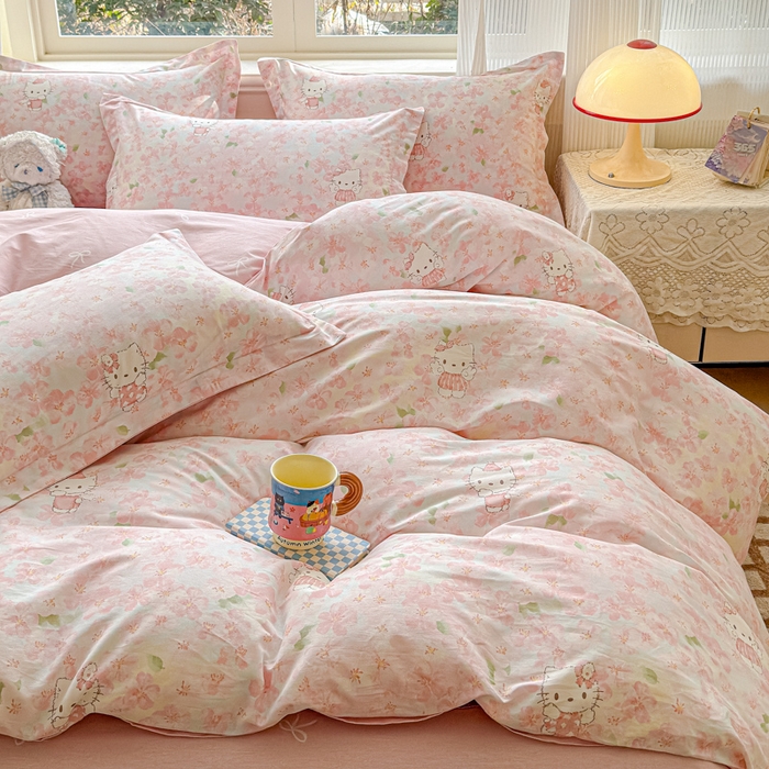 91家纺网 家纺一手货源 找家纺 U品汇 2026新品纯棉全棉印花四件套小清新卡通花卉13070喷气 粉樱喵喵