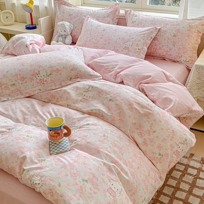 91家纺网 家纺一手货源 找家纺 U品汇 2026新品纯棉全棉印花四件套小清新卡通花卉13070喷气 粉樱喵喵