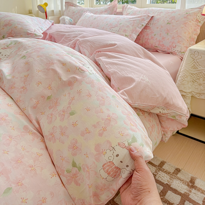 91家纺网 家纺一手货源 找家纺 U品汇 2026新品纯棉全棉印花四件套小清新卡通花卉13070喷气 粉樱喵喵