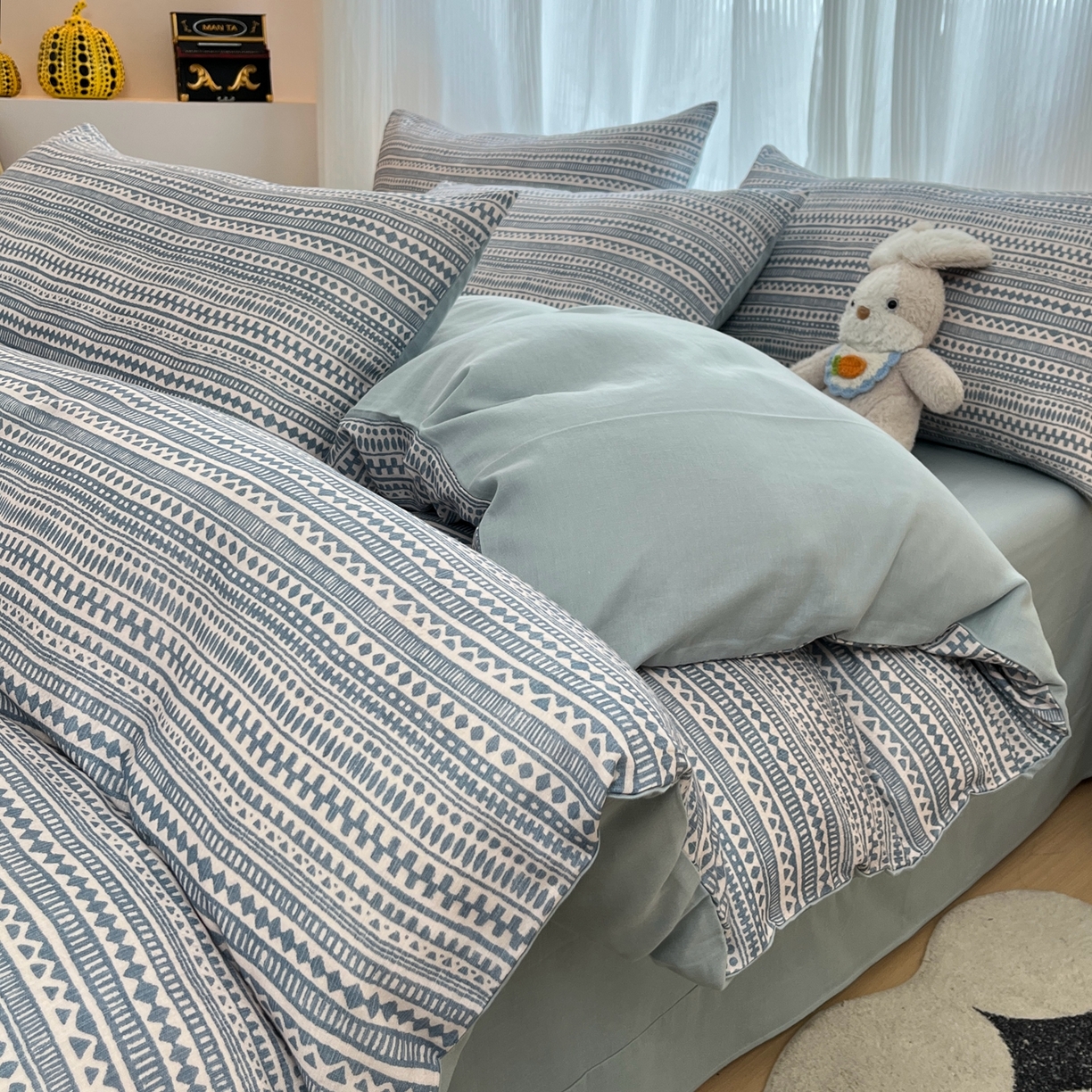 91家纺网 家纺一手货源 找家纺 禾时 2026新款A类波西米亚全棉纯棉双层纱四件套 波西米亚-水蓝