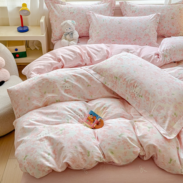 91家纺网 家纺一手货源 找家纺 U品汇 2026新品纯棉全棉印花四件套小清新卡通花卉13070喷气 粉樱喵喵