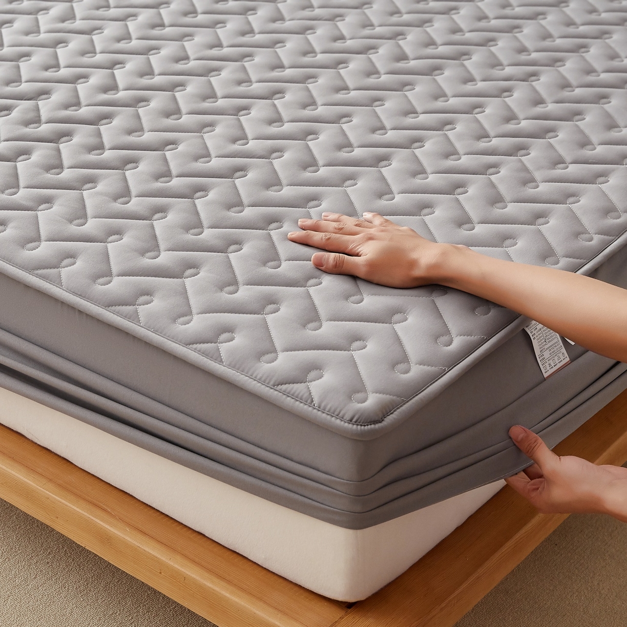 91家纺网 家纺一手货源 找家纺 蕾诺家纺 2026新款波浪纹纯棉全包裹床罩防滑防尘夹棉床笠 波浪纹深灰