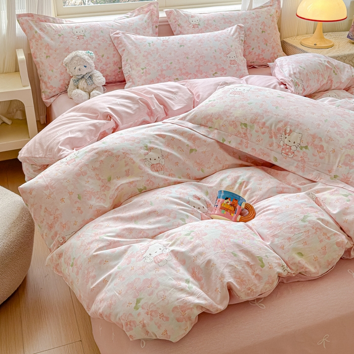 91家纺网 家纺一手货源 找家纺 U品汇 2026新品纯棉全棉印花四件套小清新卡通花卉13070喷气 粉樱喵喵