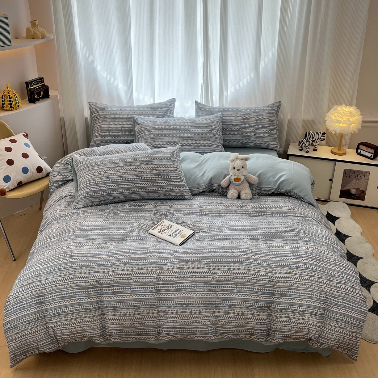 91家纺网 家纺一手货源 找家纺 禾时 2026新款A类波西米亚全棉纯棉双层纱四件套 波西米亚-水蓝