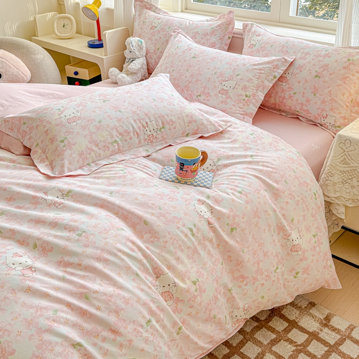 91家纺网 家纺一手货源 找家纺 U品汇 2026新品纯棉全棉印花四件套小清新卡通花卉13070喷气 粉樱喵喵