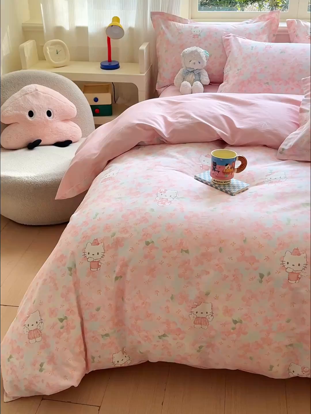 91家纺网 家纺一手货源 找家纺 U品汇 2026新品纯棉全棉印花四件套小清新卡通花卉13070喷气 粉樱喵喵