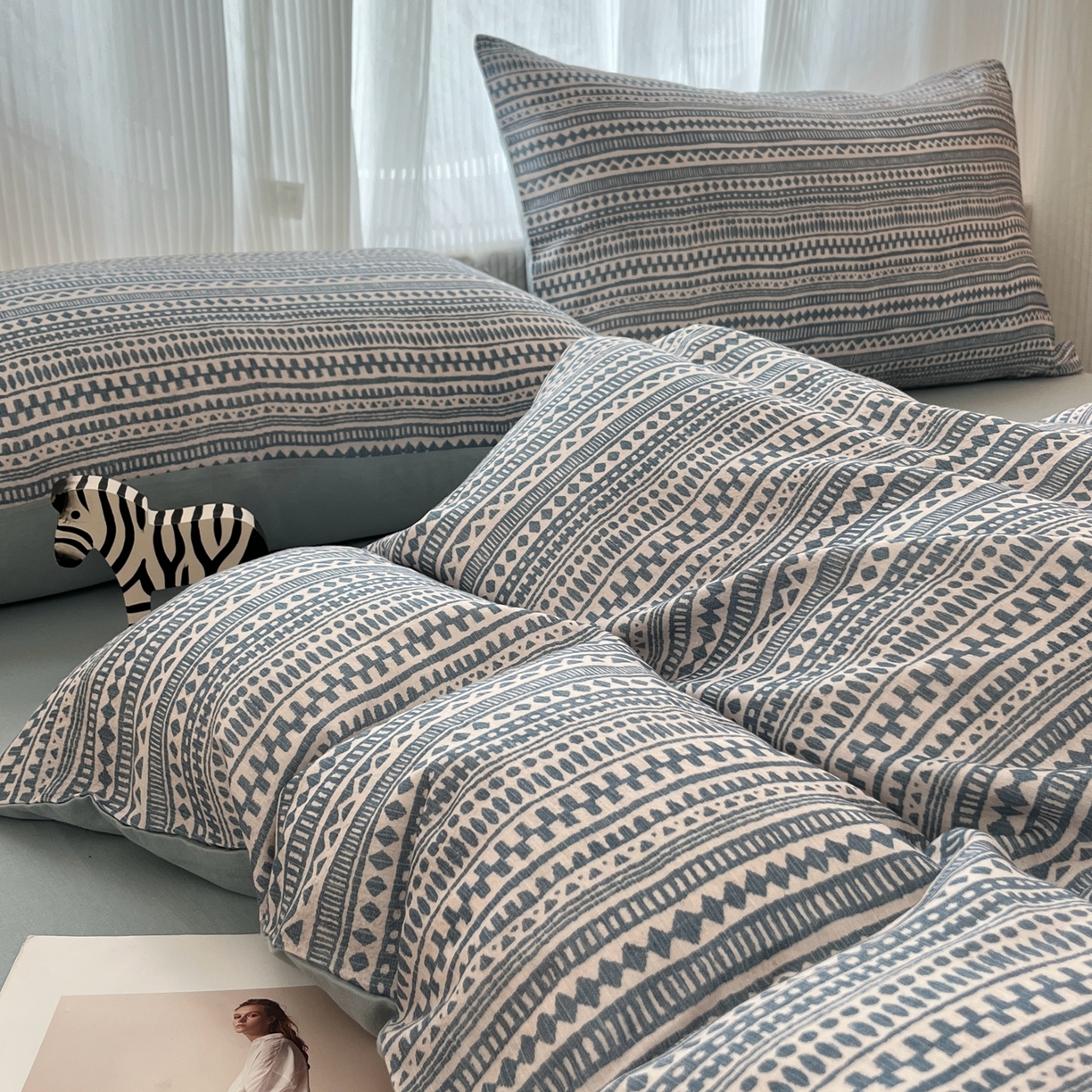 91家纺网 家纺一手货源 找家纺 禾时 2026新款A类波西米亚全棉纯棉双层纱四件套 波西米亚-水蓝