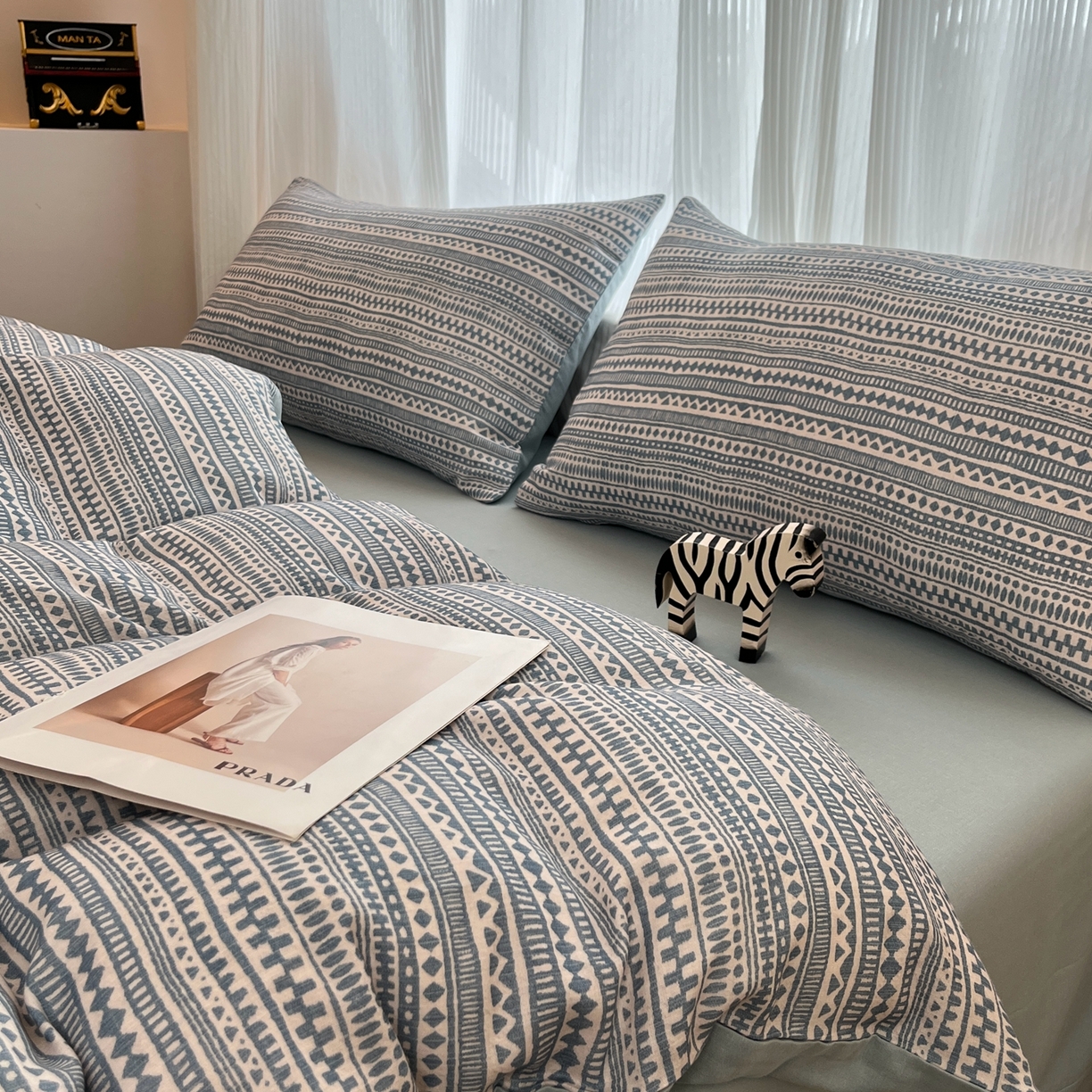 91家纺网 家纺一手货源 找家纺 禾时 2026新款A类波西米亚全棉纯棉双层纱四件套 波西米亚-水蓝