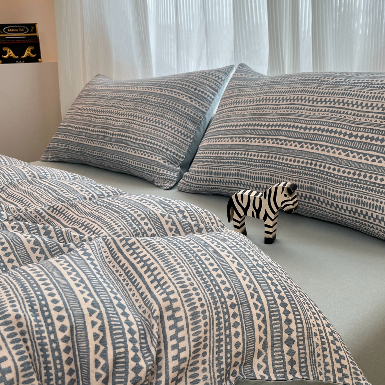 91家纺网 家纺一手货源 找家纺 禾时 2026新款A类波西米亚全棉纯棉双层纱四件套 波西米亚-水蓝