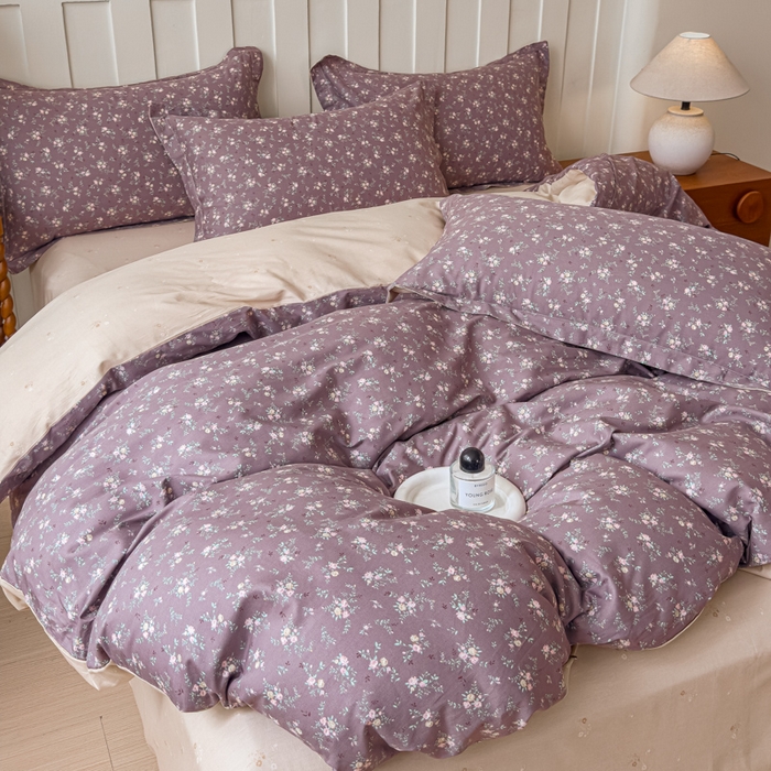 91家纺网 家纺一手货源 找家纺 U品汇 2026新品纯棉全棉印花四件套小清新卡通花卉13070喷气 风信子下-咖