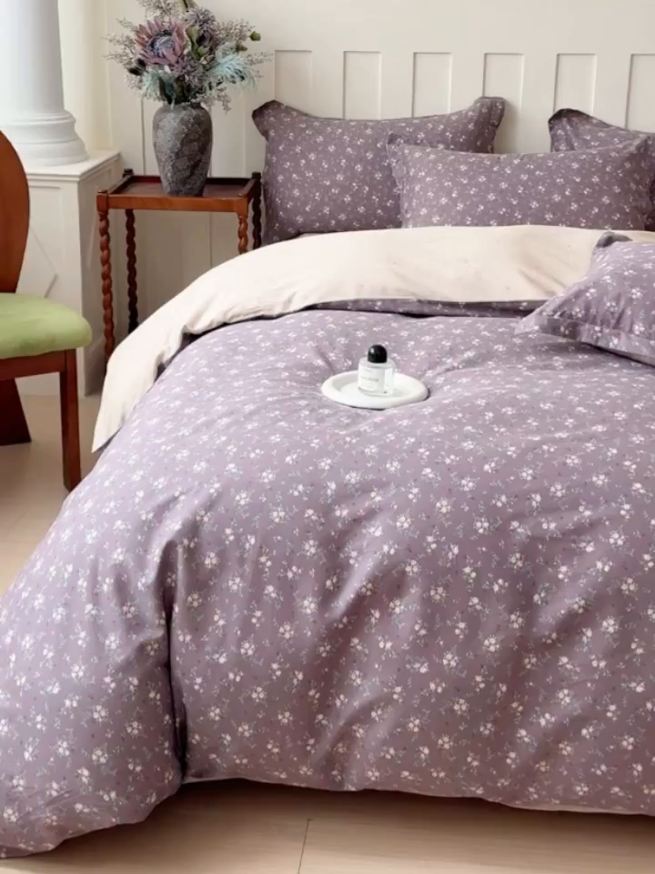 91家纺网 家纺一手货源 找家纺 U品汇 2026新品纯棉全棉印花四件套小清新卡通花卉13070喷气 风信子下-咖