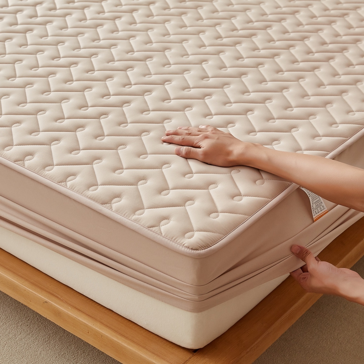 91家纺网 家纺一手货源 找家纺 蕾诺家纺 2026新款波浪纹纯棉全包裹床罩防滑防尘夹棉床笠 波浪纹驼色