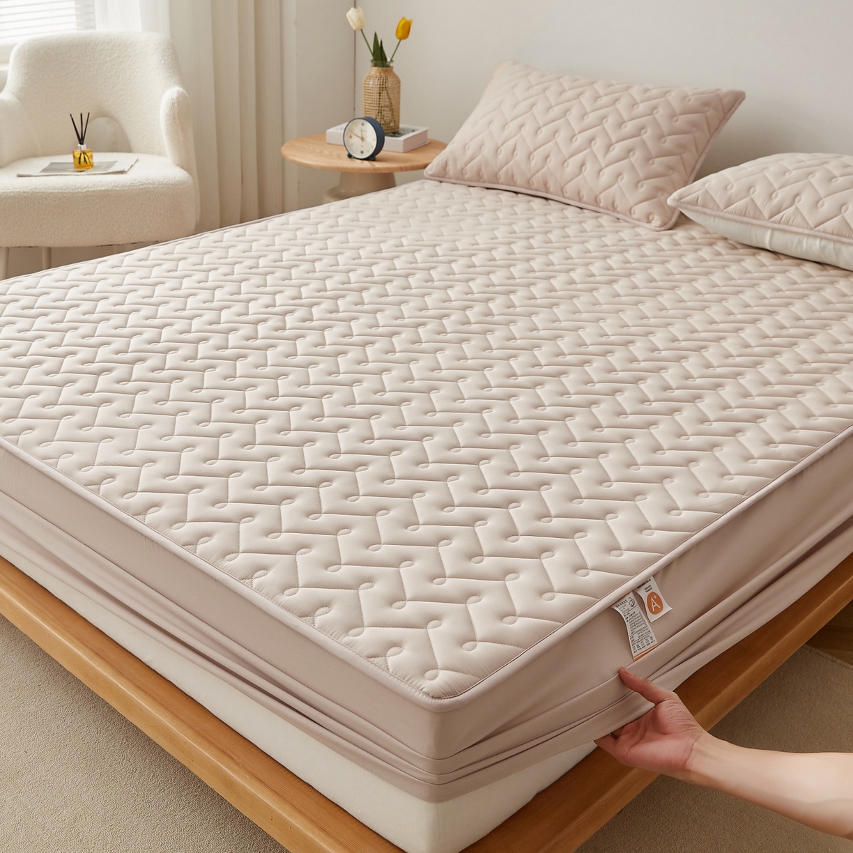 91家纺网 家纺一手货源 找家纺 蕾诺家纺 2026新款波浪纹纯棉全包裹床罩防滑防尘夹棉床笠 波浪纹驼色