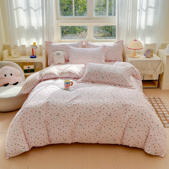 U品汇 2026新品纯棉全棉印花四件套小清新卡通花卉13070喷气 凯蒂小姐粉