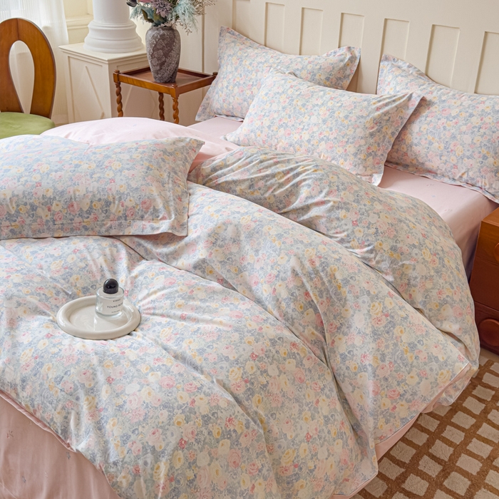 91家纺网 家纺一手货源 找家纺 U品汇 2026新品纯棉全棉印花四件套小清新卡通花卉13070喷气 岚花绪-灰