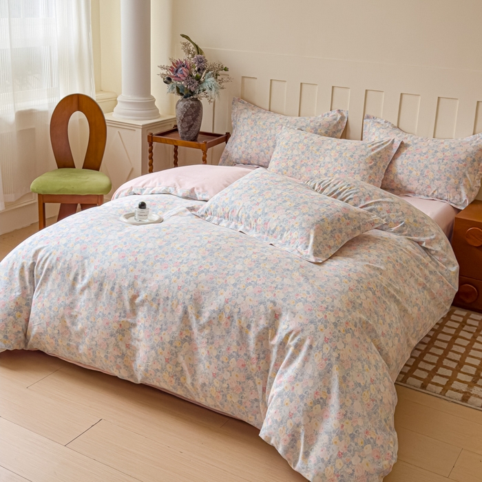 91家纺网 家纺一手货源 找家纺 U品汇 2026新品纯棉全棉印花四件套小清新卡通花卉13070喷气 岚花绪-灰