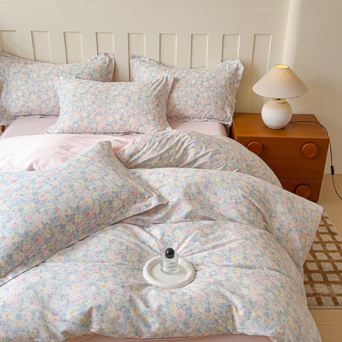 91家纺网 家纺一手货源 找家纺 U品汇 2026新品纯棉全棉印花四件套小清新卡通花卉13070喷气 岚花绪-灰