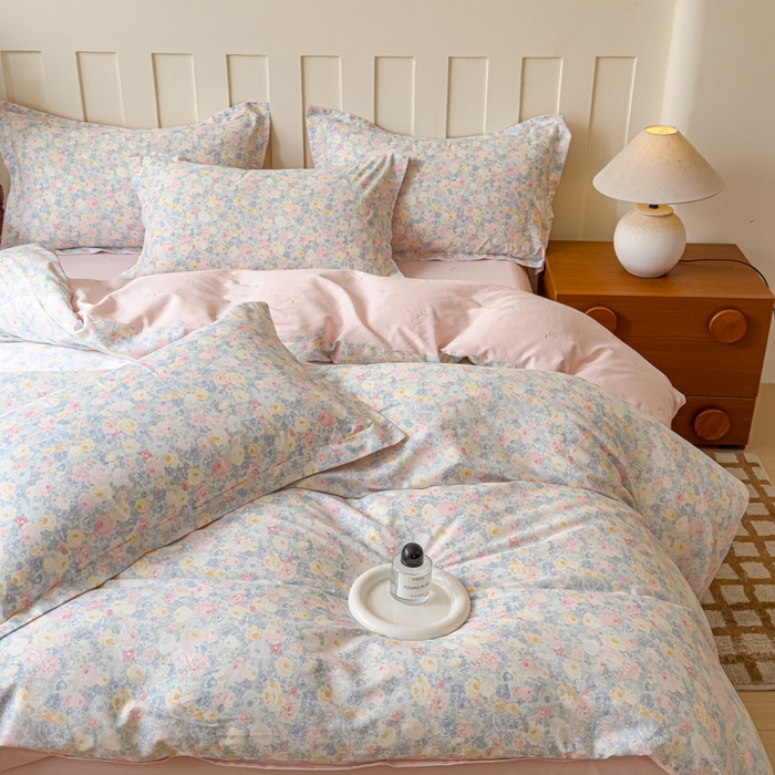 91家纺网 家纺一手货源 找家纺 U品汇 2026新品纯棉全棉印花四件套小清新卡通花卉13070喷气 岚花绪-灰