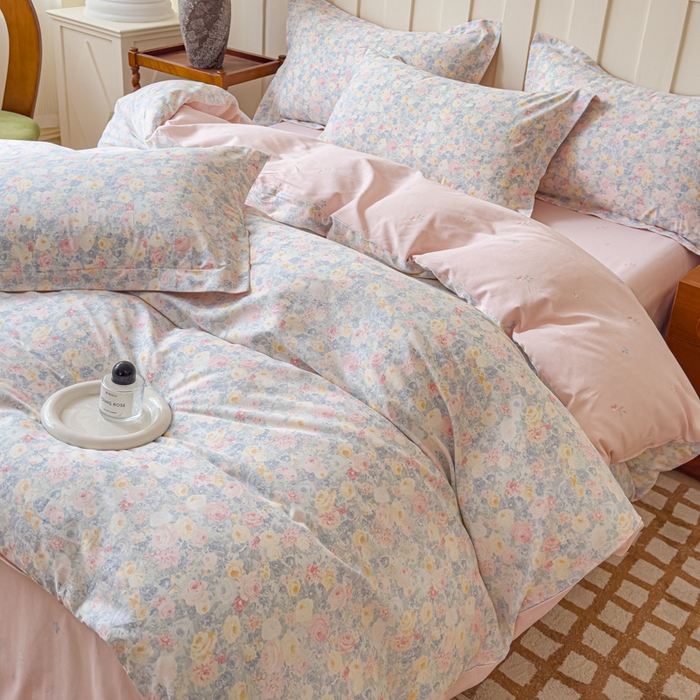 91家纺网 家纺一手货源 找家纺 U品汇 2026新品纯棉全棉印花四件套小清新卡通花卉13070喷气 岚花绪-灰