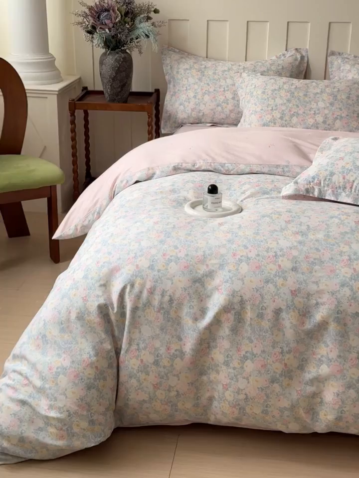 91家纺网 家纺一手货源 找家纺 U品汇 2026新品纯棉全棉印花四件套小清新卡通花卉13070喷气 岚花绪-灰