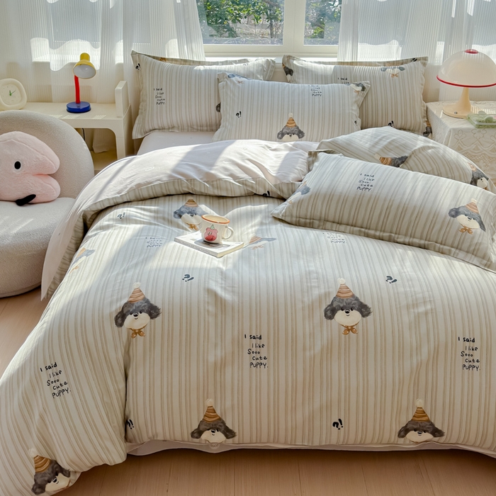 91家纺网 家纺一手货源 找家纺 U品汇 2026新品纯棉全棉印花四件套小清新卡通花卉13070喷气 帽子柯基