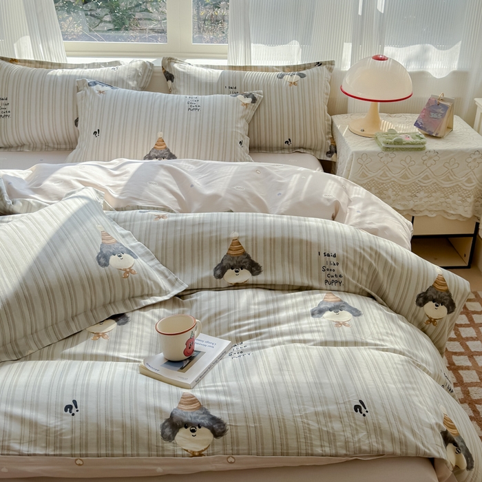 91家纺网 家纺一手货源 找家纺 U品汇 2026新品纯棉全棉印花四件套小清新卡通花卉13070喷气 帽子柯基