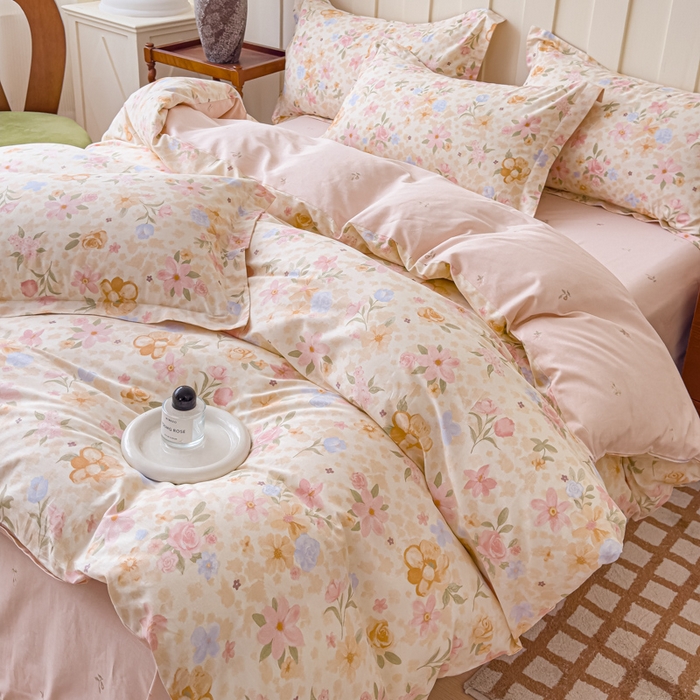 91家纺网 家纺一手货源 找家纺 U品汇 2026新品纯棉全棉印花四件套小清新卡通花卉13070喷气 浅樱故事