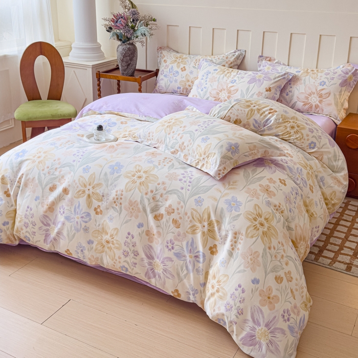 91家纺网 家纺一手货源 找家纺 U品汇 2026新品纯棉全棉印花四件套小清新卡通花卉13070喷气 柔色花筏