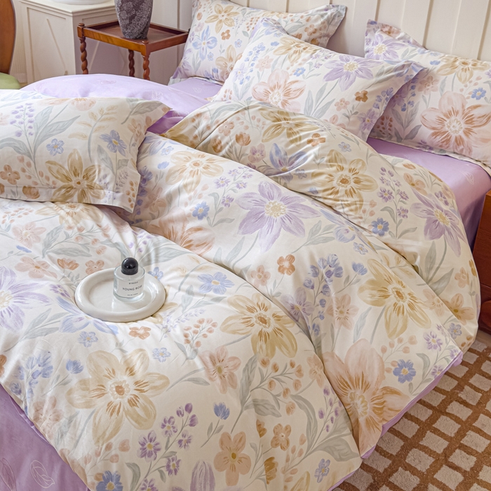 91家纺网 家纺一手货源 找家纺 U品汇 2026新品纯棉全棉印花四件套小清新卡通花卉13070喷气 柔色花筏