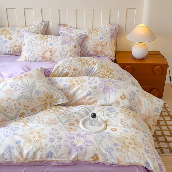 91家纺网 家纺一手货源 找家纺 U品汇 2026新品纯棉全棉印花四件套小清新卡通花卉13070喷气 柔色花筏