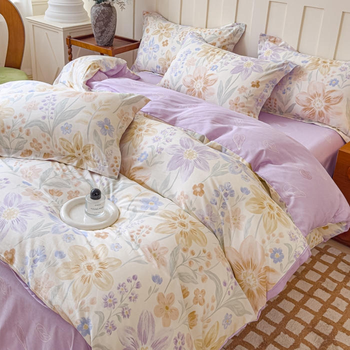 91家纺网 家纺一手货源 找家纺 U品汇 2026新品纯棉全棉印花四件套小清新卡通花卉13070喷气 柔色花筏