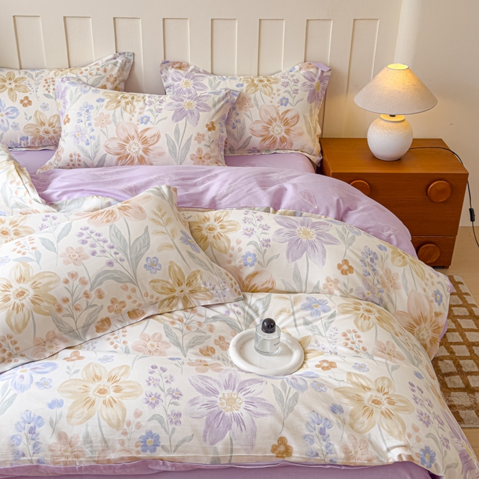 91家纺网 家纺一手货源 找家纺 U品汇 2026新品纯棉全棉印花四件套小清新卡通花卉13070喷气 柔色花筏