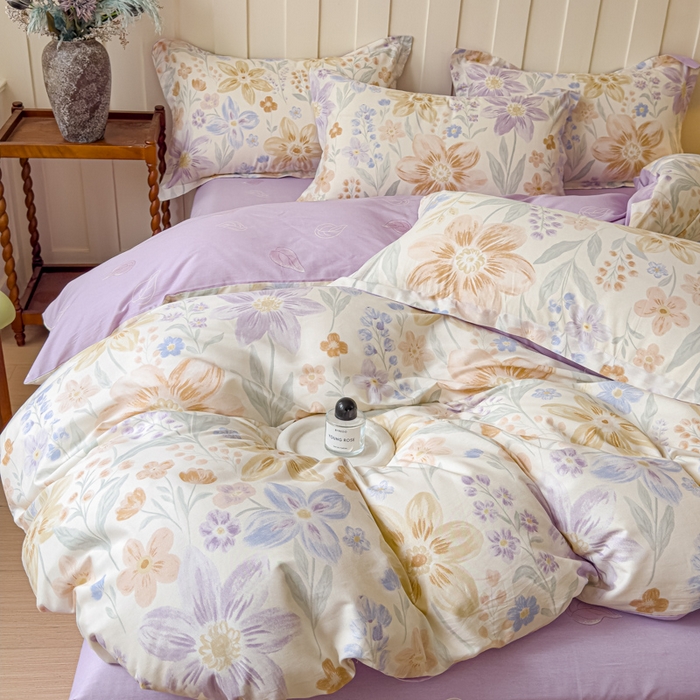 91家纺网 家纺一手货源 找家纺 U品汇 2026新品纯棉全棉印花四件套小清新卡通花卉13070喷气 柔色花筏