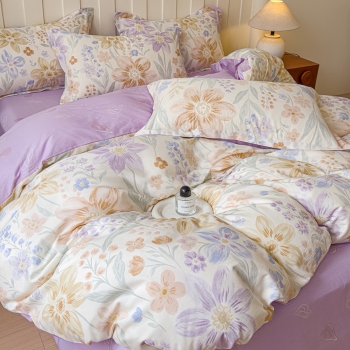 91家纺网 家纺一手货源 找家纺 U品汇 2026新品纯棉全棉印花四件套小清新卡通花卉13070喷气 柔色花筏