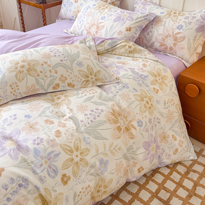 91家纺网 家纺一手货源 找家纺 U品汇 2026新品纯棉全棉印花四件套小清新卡通花卉13070喷气 柔色花筏