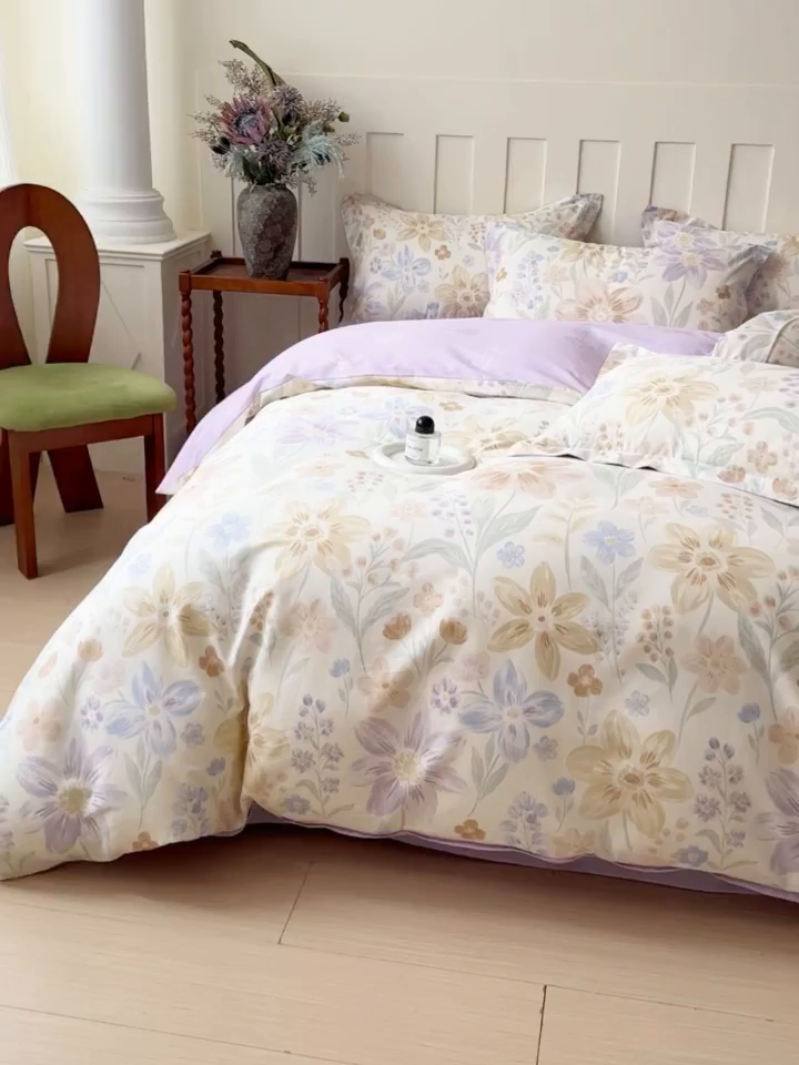 91家纺网 家纺一手货源 找家纺 U品汇 2026新品纯棉全棉印花四件套小清新卡通花卉13070喷气 柔色花筏