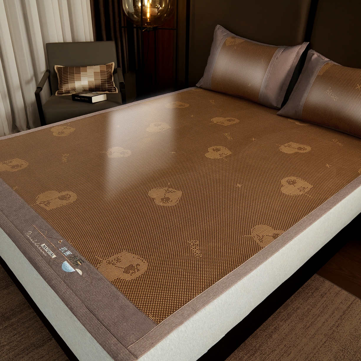 步步高席业 2026新款3D复合防滑冰藤席凉席三件套-爱心系列 爱心 咖