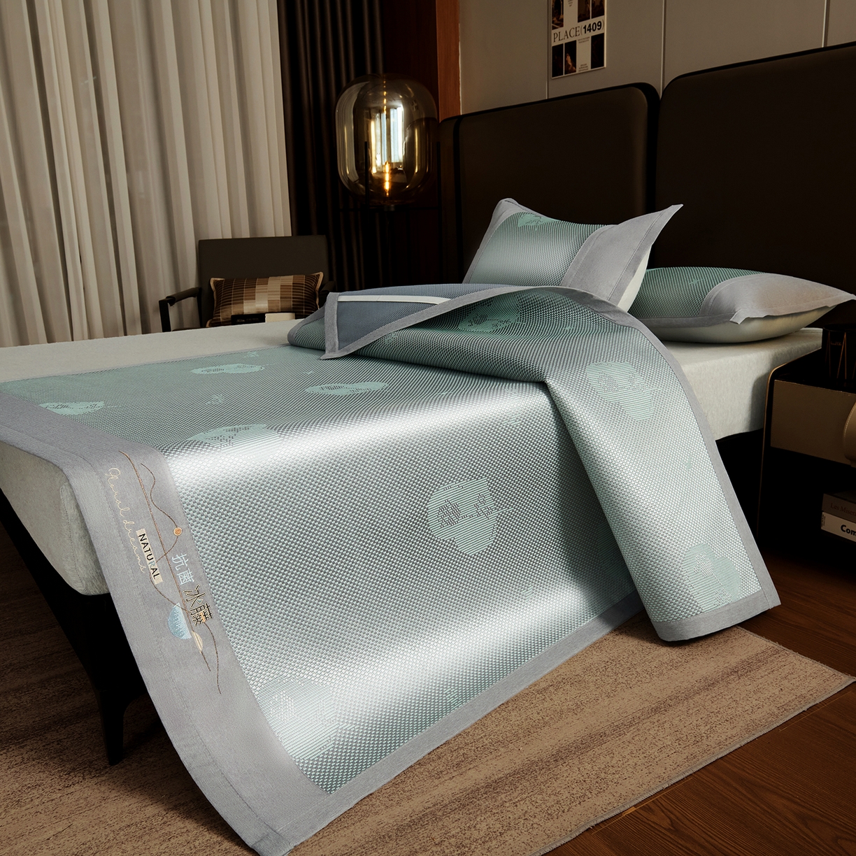 91家纺网 家纺一手货源 找家纺 步步高席业 2026新款3D复合防滑冰藤席凉席三件套-爱心系列 爱心  绿