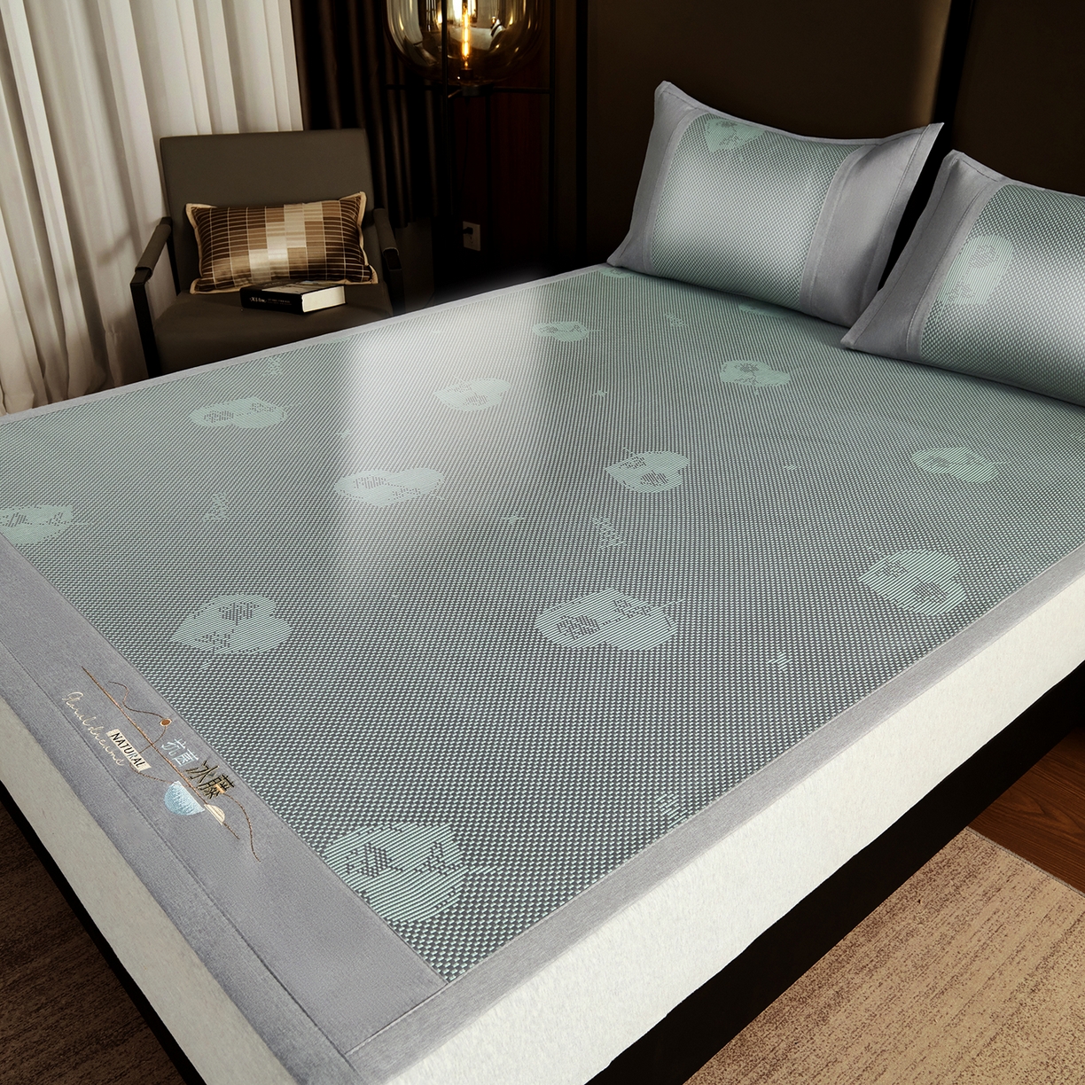 步步高席业 2026新款3D复合防滑冰藤席凉席三件套-爱心系列 爱心  绿