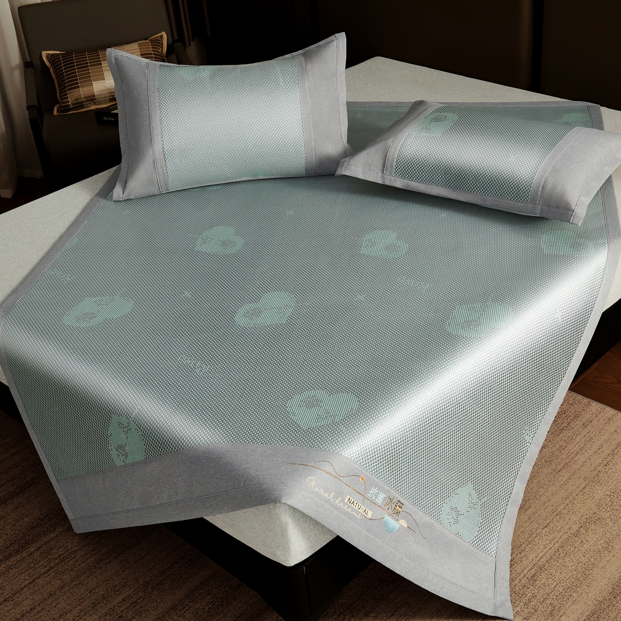 91家纺网 家纺一手货源 找家纺 步步高席业 2026新款3D复合防滑冰藤席凉席三件套-爱心系列 爱心  绿