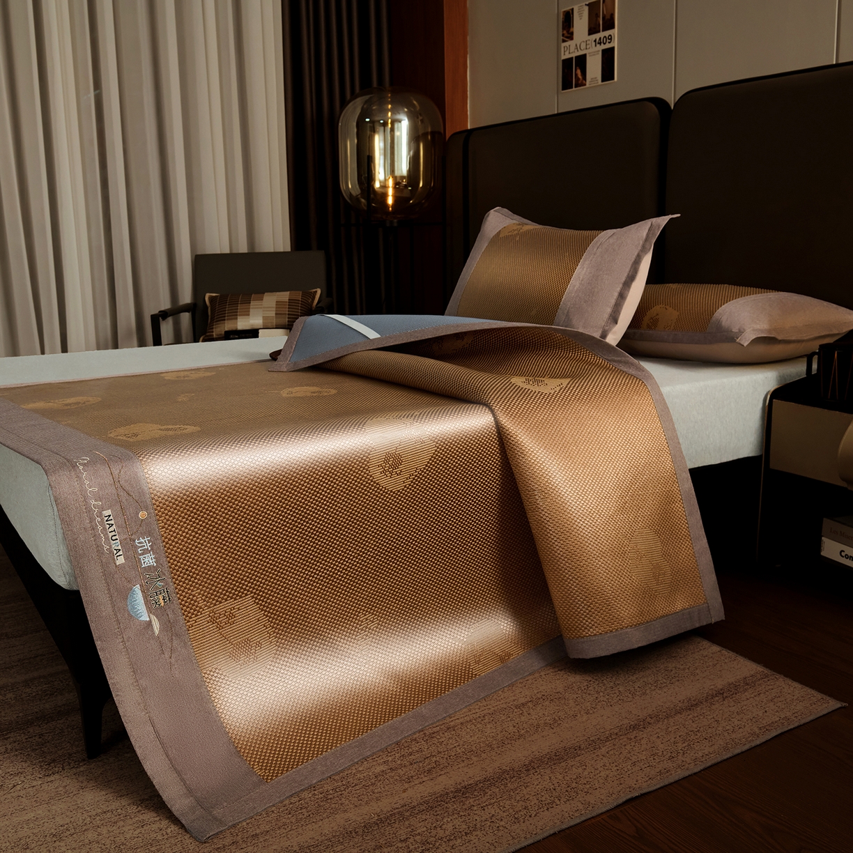 91家纺网 家纺一手货源 找家纺 步步高席业 2026新款3D复合防滑冰藤席凉席三件套-爱心系列 爱心 咖