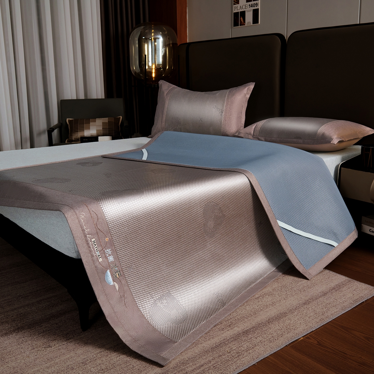 91家纺网 家纺一手货源 找家纺 步步高席业 2026新款3D复合防滑冰藤席凉席三件套-爱心系列 爱心 香槟