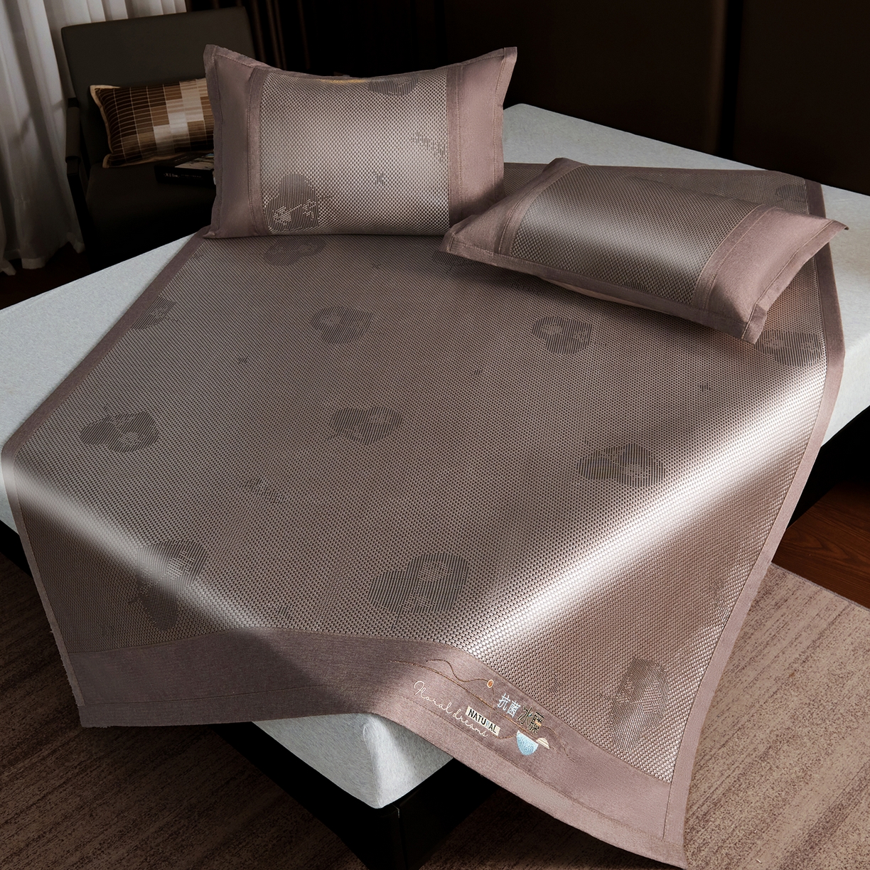 91家纺网 家纺一手货源 找家纺 步步高席业 2026新款3D复合防滑冰藤席凉席三件套-爱心系列 爱心 香槟