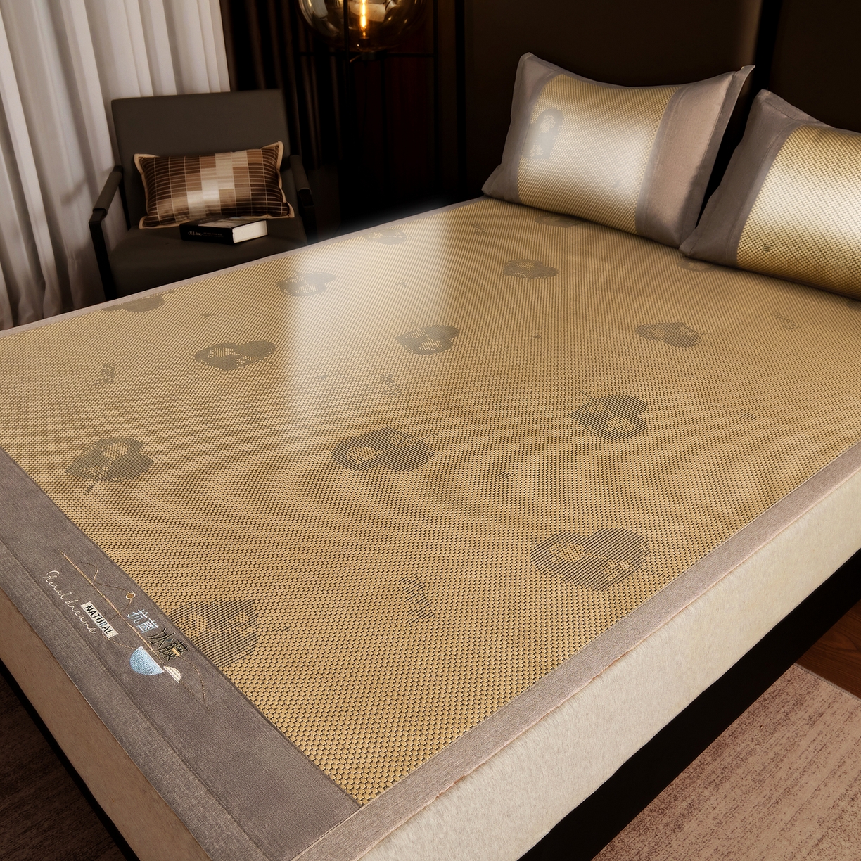 步步高席业 2026新款3D复合防滑冰藤席凉席三件套-爱心系列 爱心  金