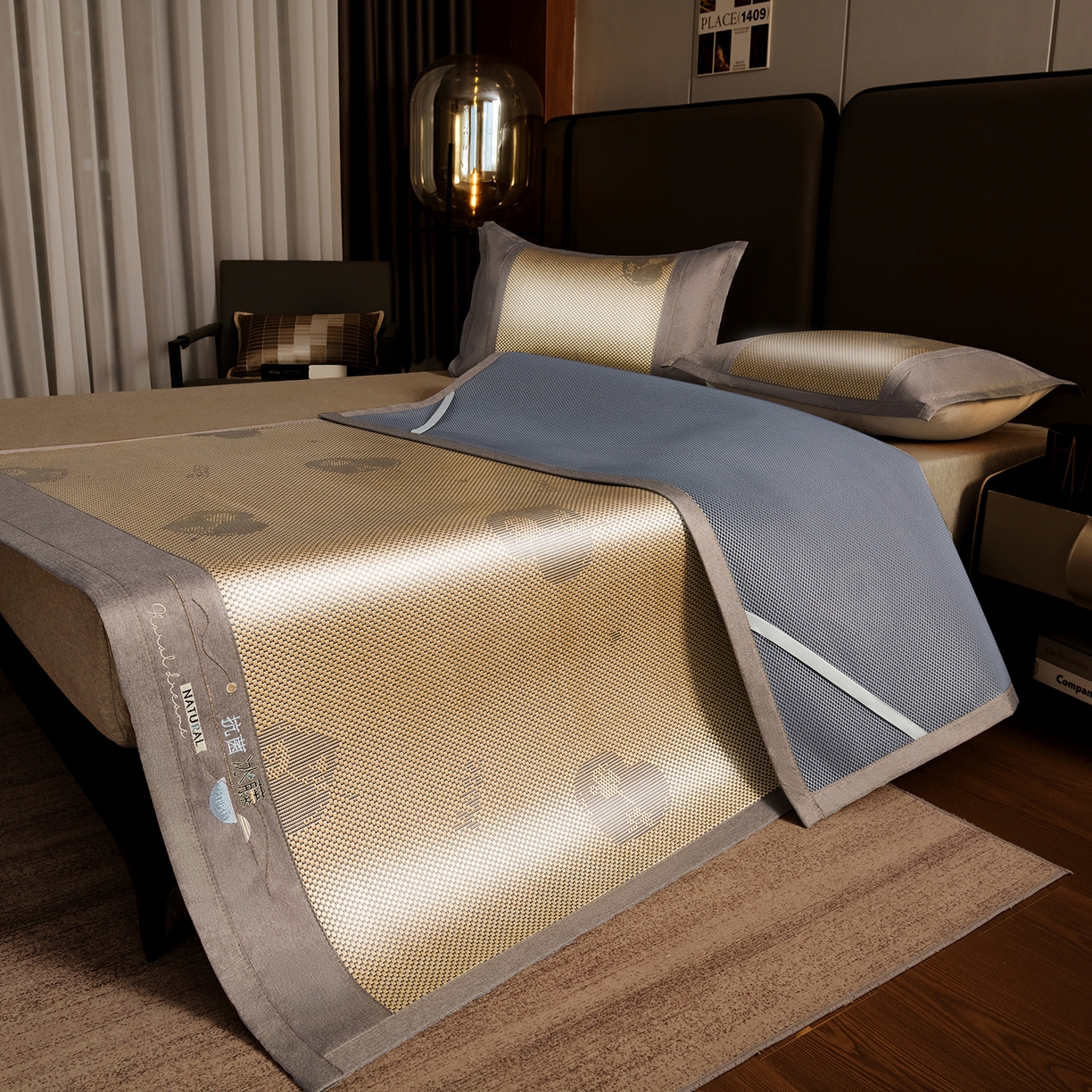 91家纺网 家纺一手货源 找家纺 步步高席业 2026新款3D复合防滑冰藤席凉席三件套-爱心系列 爱心  金